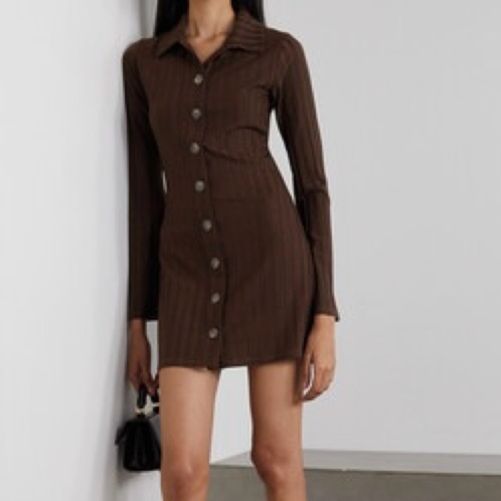 Reformation Benton Ribbed Stretch Tencel Lyocell Knit Mini Polo Shirt Dress